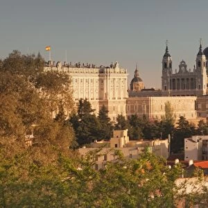 Royal Palace (Palacio Real) and Almudena Cathetral (Santa Maria la Real de La Almudena) at sunset
