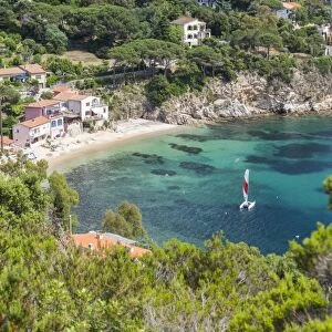 Sailboat in the turquoise sea, Porto Azzurro, Elba Island, Livorno Province, Tuscany