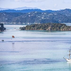 Sailing boat in the Bay of Islands seen from Russell, Northland Region, North Island