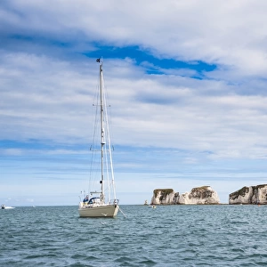 Sailing boat at Old Harry Rocks, between Swanage and Purbeck, Dorset, Jurassic Coast, UNESCO World Heritage Site, England, United Kingdom, Europe
