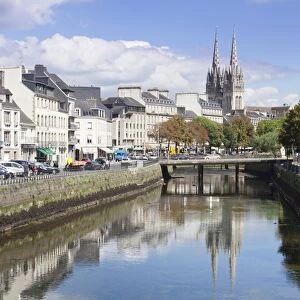 Saint Corentin Cathedral reflecting in the River Odet, Quimper, Finistere, Brittany, France, Europe