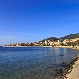 Saint Francois beach promenade with palm trees, morning light, Ajaccio, Island of Corsica