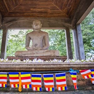 Samadhi Buddha statue and Buddhist flags, Anuradhapura, UNESCO World Heritage Site, Cultural Triangle, Sri Lanka, Asia