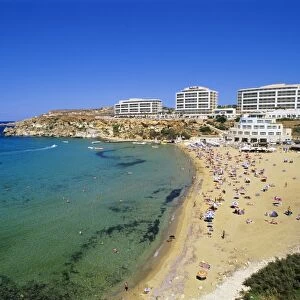 Sandy beach with Radisson SAS Hotel, Golden Bay, Malta, Mediterranean, Europe
