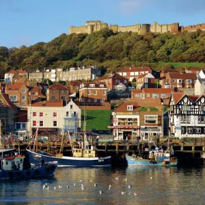 Scarborough, harbour and seaside resort with castle on the hill, Yorkshire, England