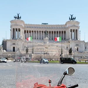Scooter parked in Piazza Venezia with the Victor Emmanuel Monument, Rome, Lazio, Italy, Europe