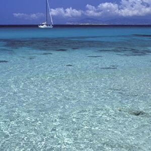 Sea and sailing boat, Formentera, Balearic Islands, Spain, Mediterranean, Europe