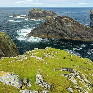 Sea stacks by Butt of Lewis lighthouse, Port of Ness, Island of Harris, Outer Hebrides, Scotland, United Kingdom, Europe