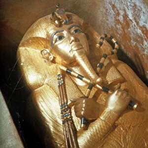 Detail of the second mummiform coffin made from gold-plated wood inlaid with glass-paste
