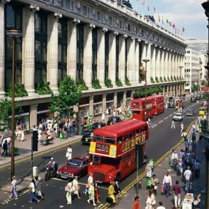 Selfridges department store and old Routemaster bus before they were withdrawn