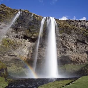 Seljalandsfoss Waterfall tumbling over towering cliffs in bright sunlight with rainbow at the base of the waterfall, near Hella, Southern Iceland, Iceland