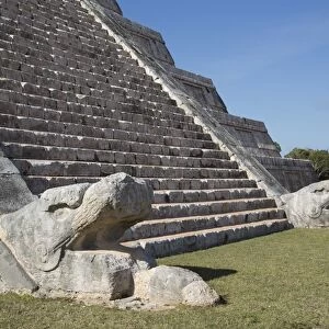 Serpent heads, El Castillo (Pyramid of Kulkulcan), Chichen Itza, UNESCO World Heritage Site