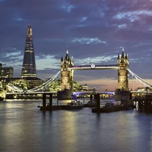 The Shard and Tower Bridge on the River Thames at night, London, England, United Kingdom, Europe