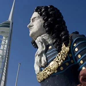 Ship figurehead with Spinnaker Tower behind, Gunwharf, Portsmouth, Hampshire, England, United Kingdom, Europe