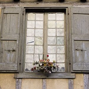 Shuttered window, half-timbered building, Place de la Couverts, Mirepoix