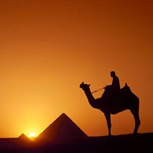 Silhouette of figure on camelback at pyramid, Giza, Cairo, Egypt