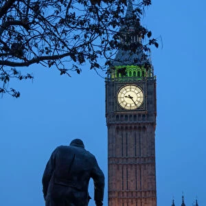 Sir Winston Churchill statue and Big Ben, Parliament Square, Westminster, London