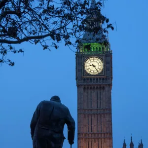 Sir Winston Churchill statue and Big Ben, Parliament Square, Westminster, London