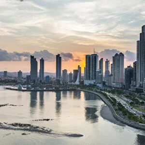 Skyline of Panama City at sunset, Panama City, Panama, Central America