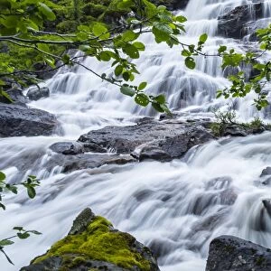 Slow shutter speed to create silky waterfall, Hellemoboten, Norway, Scandinavia, Europe