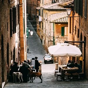 Small alleyway with quaint restaurant in Siena, Tuscany, Italy, Europe