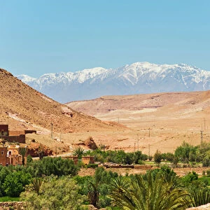 Snow capped High Atlas Mountains from Kasbah Ait Ben Haddou, near Ouarzazate, Morocco, North Africa, Africa