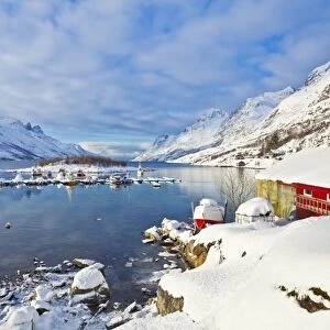 Snow covered mountains, boathouse and moorings in Norwegian fjord village of Ersfjord, Kvaloya island, Troms, Norway, Scandinavia, Europe
