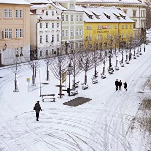 Snow covering Na Kampe Square, Kampa Island, Mala Strana suburb, Prague