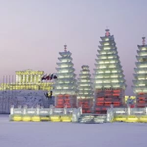 Snow and ice sculptures illuminated at the Ice Lantern Festival, Harbin