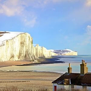 Snow on The Seven Sisters and Coastguard Cottages, Seaford Head, South Downs National Park