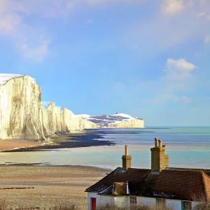 Snow on The Seven Sisters and Coastguard Cottages, Seaford Head, South Downs National Park