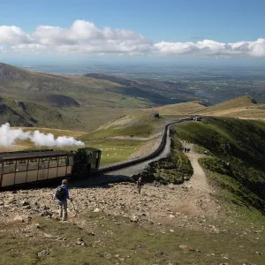 Snowdon Mountain Railway train and the Llanberis path, Snowdon, Snowdonia National Park