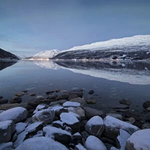 Snowy peaks reflected in the cold sea at dusk, Manndalen, Kafjord, Lyngen Alps, Troms