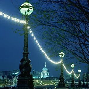 South Bank street lamps and city skyline, including St. Pauls Cathedral