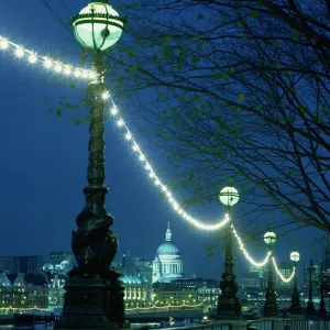 South Bank street lamps and city skyline, including St. Pauls Cathedral