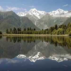 Southern Alps from Lake Matheson, Fox Glacier village, Westland, South Island, New Zealand