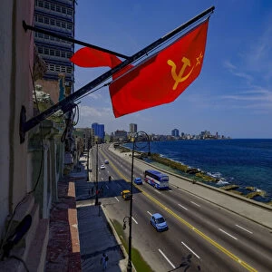 A Soviet Union flag above the Malecon, Havana, Cuba, West Indies, Central America