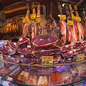 Spanish ham for sale in covered market, Las Ramblas, Barcelona, Catalunya, Spain, Europe