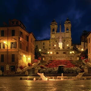 The Spanish Steps illuminated at night in the city of Rome, Lazio, Italy, Europe