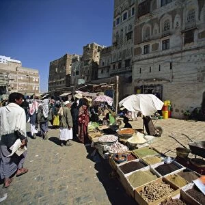 Spice stall in souk within old city walls, Sana a, Yemen, Middle East