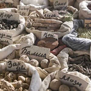 Spices for sale at a market stand, Osh, Kyrgyzstan, Central Asia, Asia