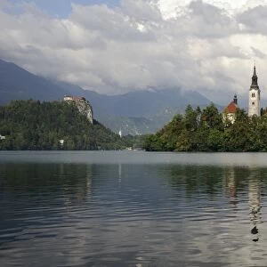 St. Mary of the Assumption church and Bled Castle, Bled Island, Lake Bled, slovenia, slovenian, europe, european