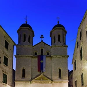 St. Nicholas Serbian Orthodox church illuminated at dusk