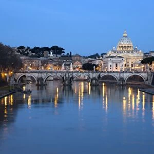 St. Peters Basilica, the River Tiber and Ponte Sant Angelo at night, Rome, Lazio