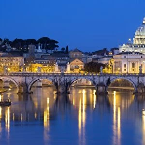 St. Peters Basilica, the River Tiber and Ponte Sant Angelo at night, Rome, Lazio