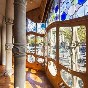Stained glass in Casa Batllo, a modernist building by Antoni Gaudi, UNESCO World Heritage Site
