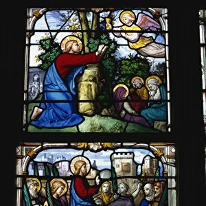 Stained glass of Christ entering Jerusalem and the Garden of Gethsemane