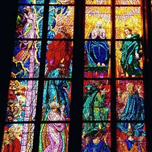 Stained glass window, St. Vitus Cathedral, Prague, Czech Republic, Europe