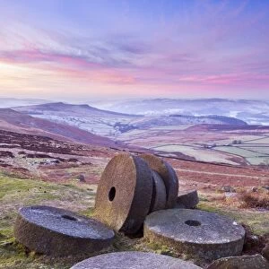 Stanage Edge wheelstones (millstones) and frosty winter moorland sunrise, Peak District National Park, Derbyshire, England, United Kingdom, Europe