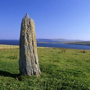 Standing stone near Clivocast (Uyeasound), looking east towards Fetlar in distance